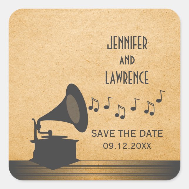 Grey Vintage Gramophone Save the Date Stickers (Front)