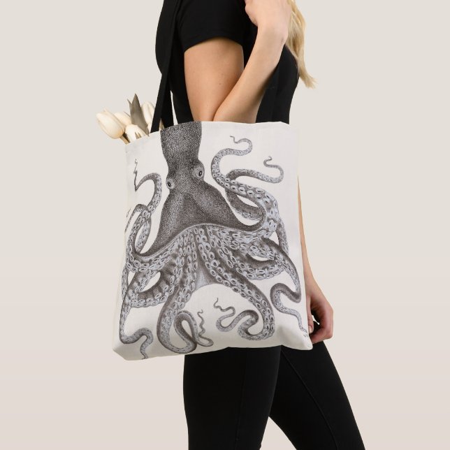 Grey Vintage Octopus Illustration Tote Bag (Close Up)