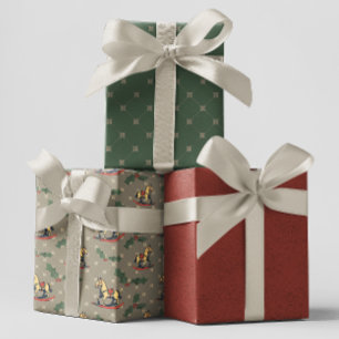 Grey Vintage Rocking Horse Holly Christmas   Wrapping Paper Sheet