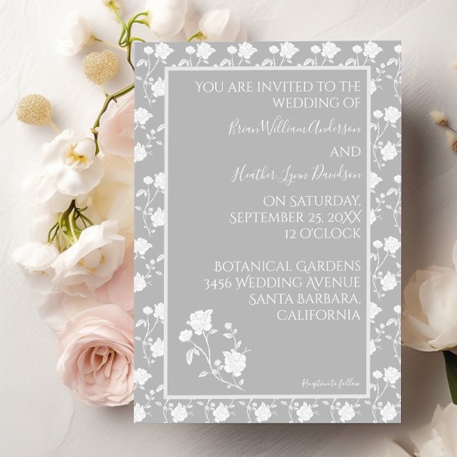 Grey Vintage Rose Wedding Invitation (Gray Rose Wedding Invitation)
