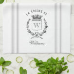 Grey Vintage Style French Sack with Custom Name Tea Towel<br><div class="desc">Vintage French etched graphics and pale grey ticking tape stripes are the perfect addition to your French country kitchen decor on this waffle knit custom towel. Don't forget the finishing touch of personalisation with your monogram and family name.</div>