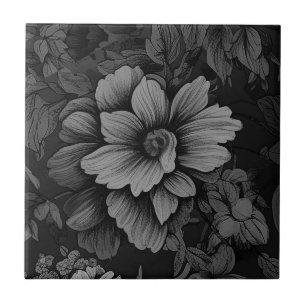  Grey Vintage Unfurling Flower Ceramic Tile