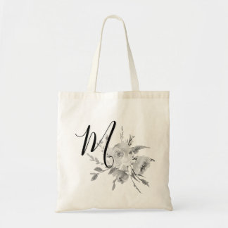 Grey Vintage Watercolor Floral Monogram Initial Tote Bag