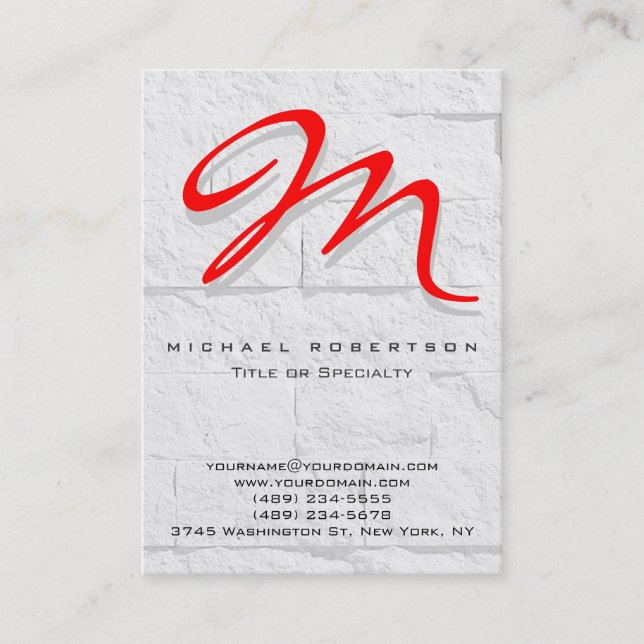 Grey Wall Brick Pattern Red Monogram Business Card (Front)