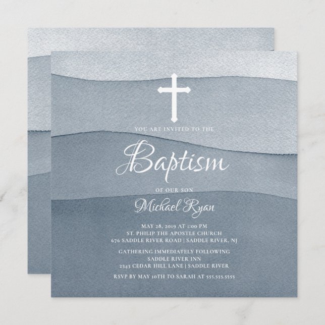 Grey Watercolor Boys Baptism Invitation (Front/Back)
