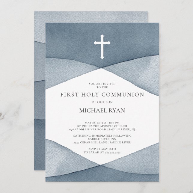 Grey Watercolor Boys First Holy Communion Invitation (Front/Back)