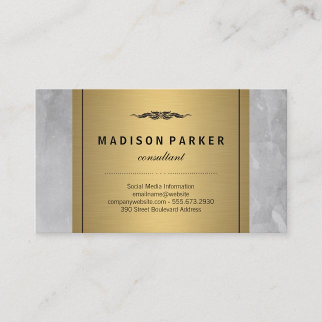 Grey Watercolor Brushed Elegant Faux Gold Label Business Card (Front)