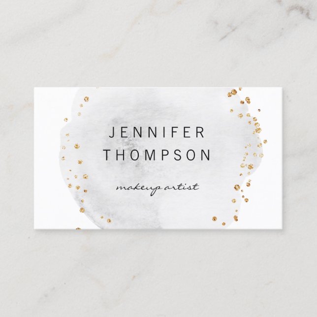 Grey Watercolor Circle Gold Dots Business Card (Front)