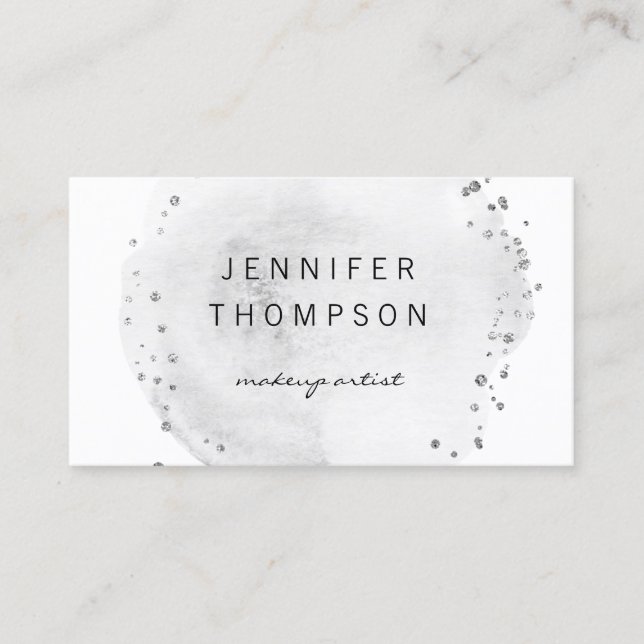 Grey Watercolor Circle Silver Dots  Business Card (Front)