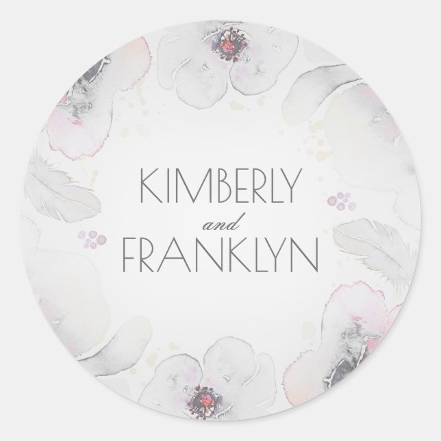 Grey Watercolor Flowers Boho Feathers Wedding Classic Round Sticker (Front)