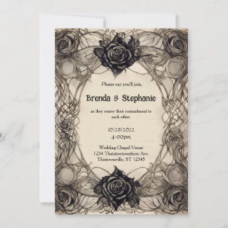 Grey Watercolor Ink Roses Vintage Goth Wedding Invitation