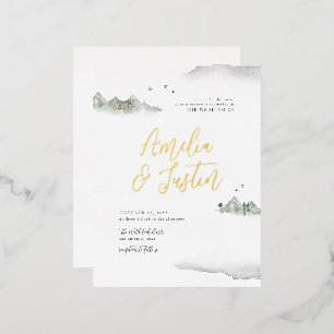 Grey Watercolor Mountain Destination Wedding Foil Invitation Postcard