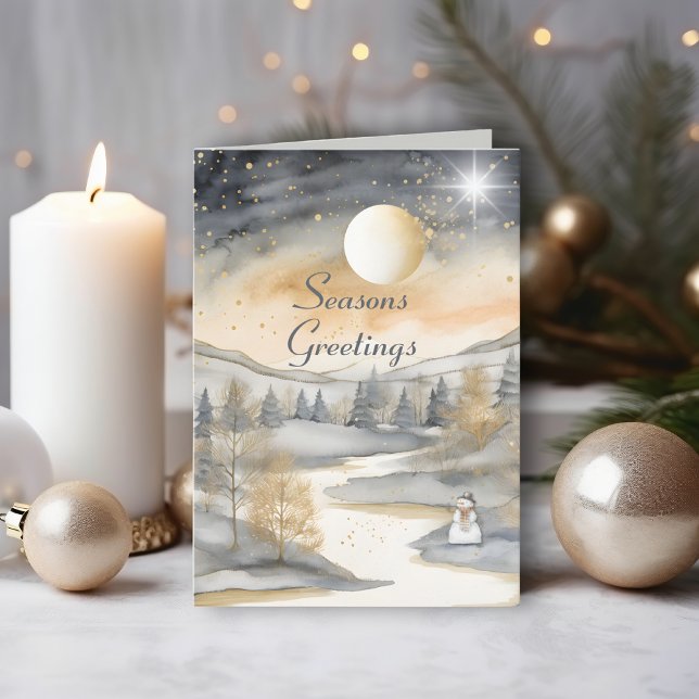 Grey Watercolor Mountain River Snowman Christmas Card (Creator Uploaded)