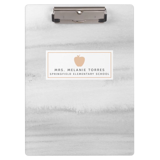 Grey Watercolor Pink Apple Teacher Clipboard (Front)