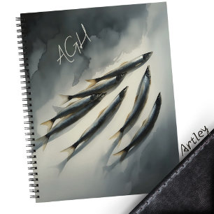 Grey Watercolor Sardine Art Initials Smoke Shadow Notebook