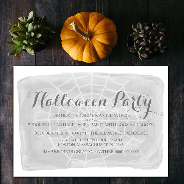 Grey Watercolor Spider Web Halloween Party Invite (Gray Watercolor Spiderweb Halloween Party Invite)