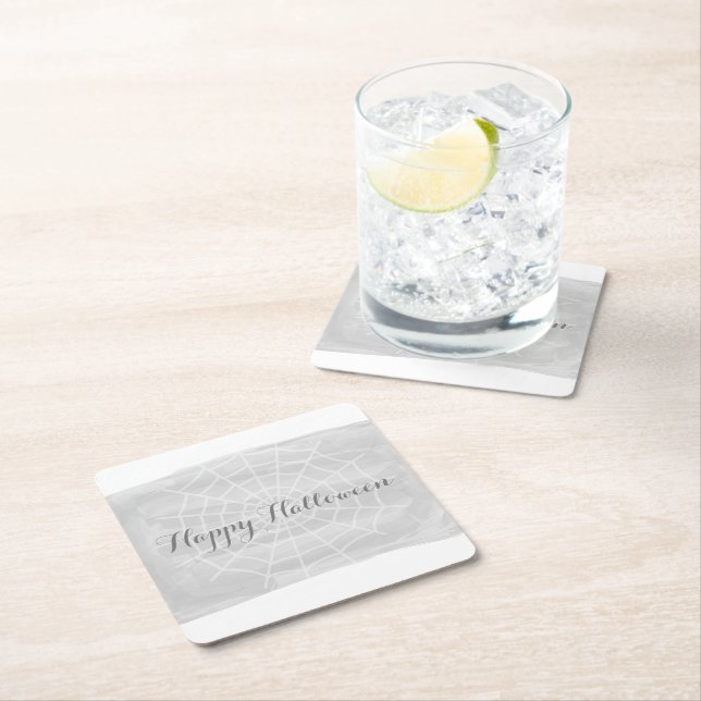 Grey Watercolor Spider Web Halloween Square Paper Coaster (Insitu)