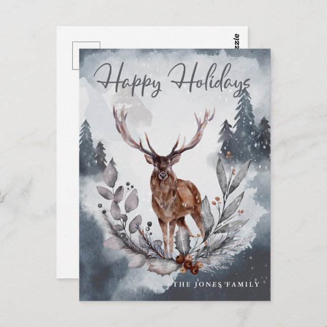 Grey Watercolor Winter Christmas Holiday Postcard (Front/Back)