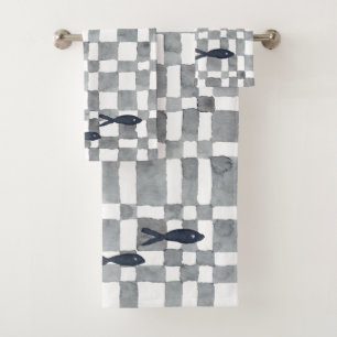 Grey Watercolour Checks Fish Towel Set