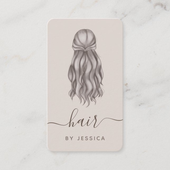 Grey Wavy Hair Hairstylist Add Logo & Social Media Business Card (Front)