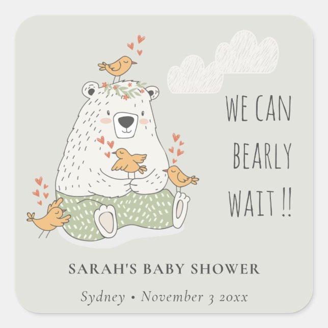 Grey We Can Bearly Wait Bear Birds Baby Shower Square Sticker (Front)