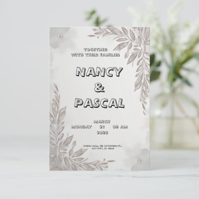 Grey wedding invitation featuring floral elements (Standing Front)