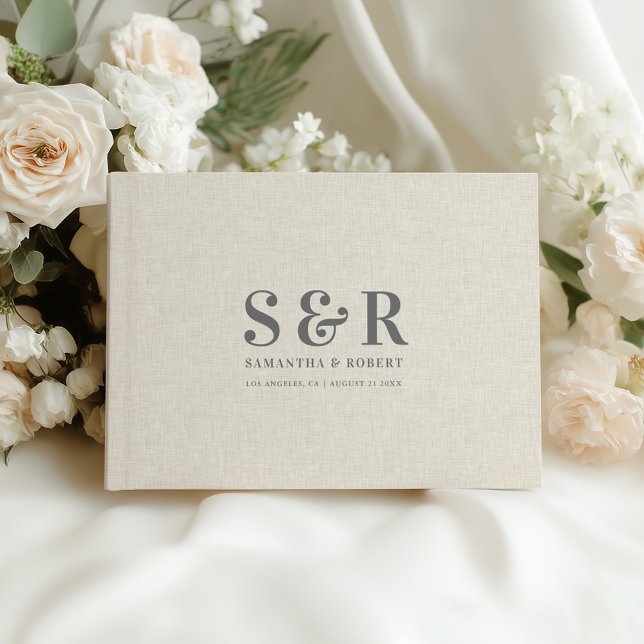 Grey Wedding Monogram Beige Linen Guest Book (Creator Uploaded)