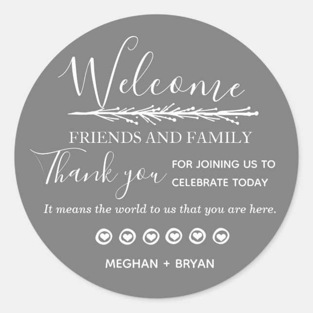 Grey Wedding Thank You Friends & Family Classic Round Sticker (Front)