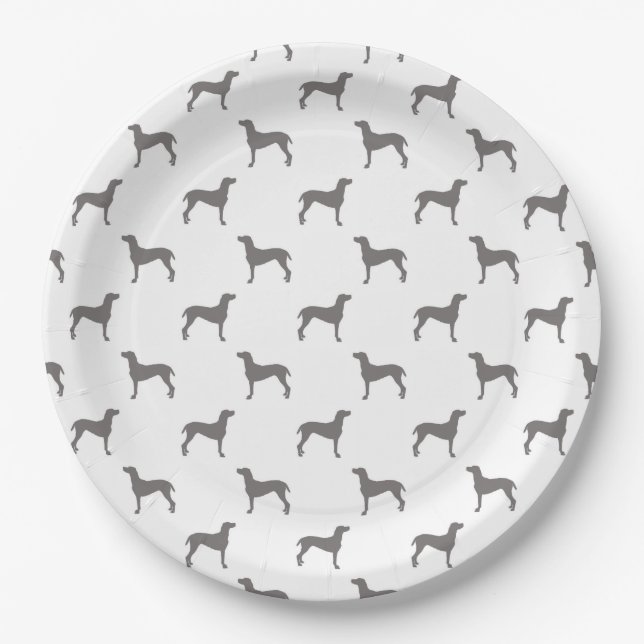 Grey Weimaraner Silhouettes on White Background Paper Plate (Front)