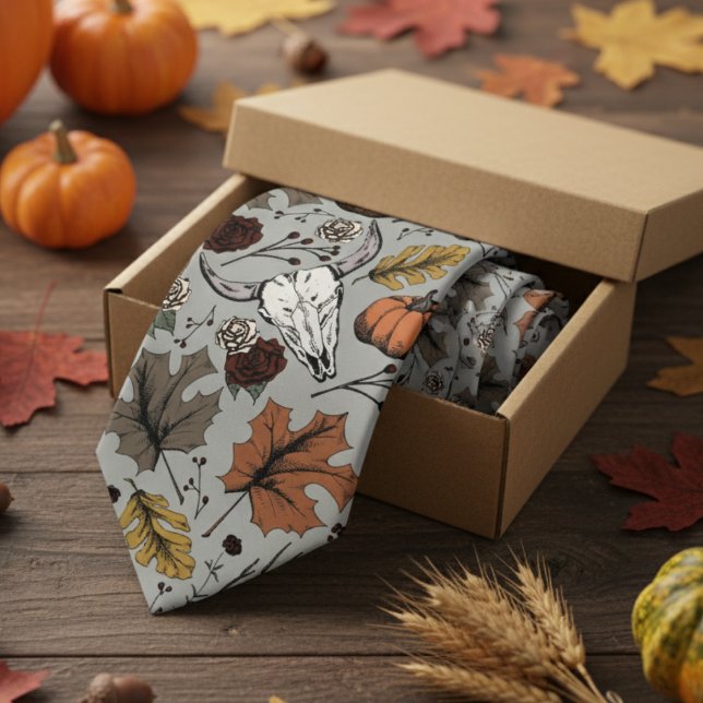 Grey Western Bull Skull Country Tie (Modern Gray Thanksgiving Foliage Mens Tie. Fall Harvest, Cow Skull, Leaves Pattern in Autumn Colors.)