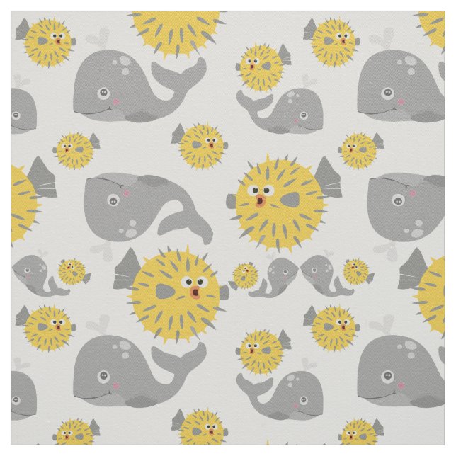 Grey Whale & Blowfish Cartoon Baby Pattern Fabric (Swatch)