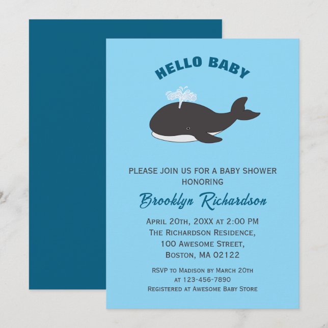 Grey Whale Blue Under The Sea Hello Baby Shower Invitation (Front/Back)