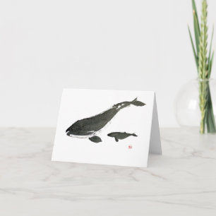 Grey whale mum and baby sumie ink painting holiday card