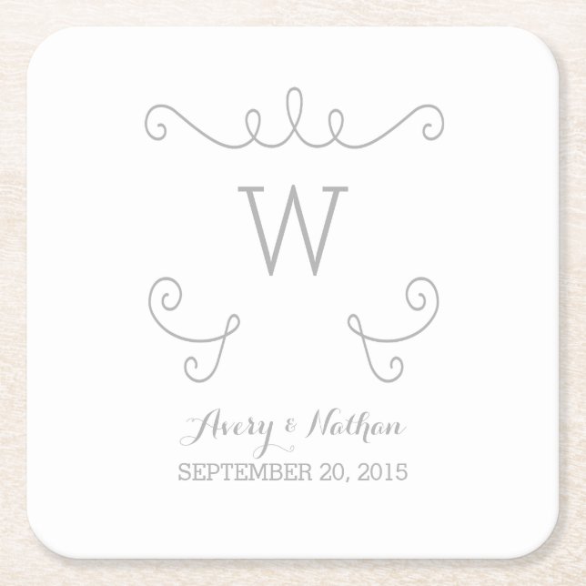 Grey Whimsical Flourish Monogram Paper Coasters (Front)