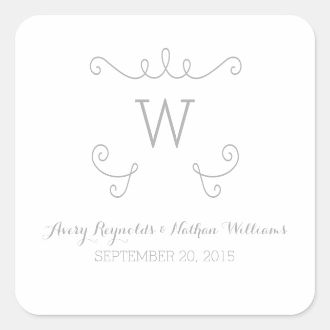 Grey Whimsical Flourish Monogram Wedding Stickers (Front)