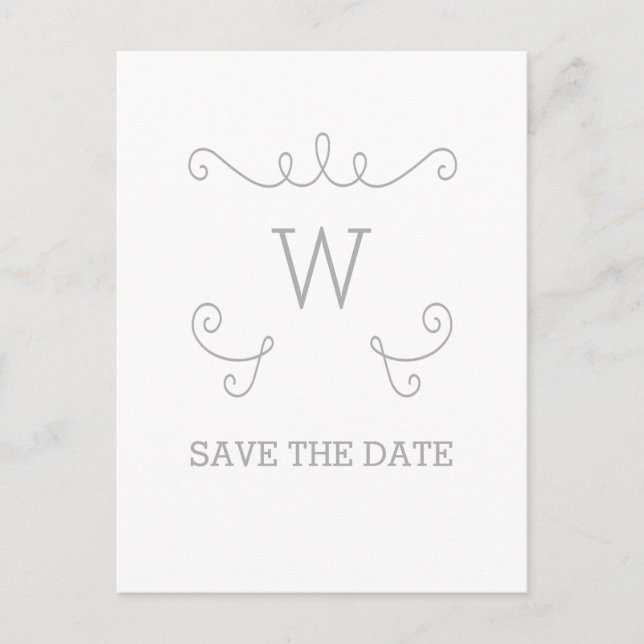Grey Whimsical Flourish Save the Date Postcard (Front)