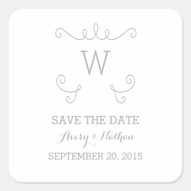 Grey Whimsical Flourish Save the Date Stickers (Front)