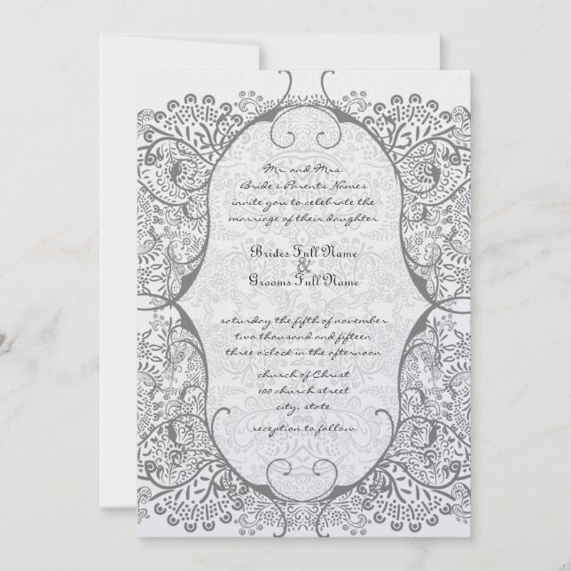 Grey Whimsical  Love Bird Pattern Wedding Invites (Front)