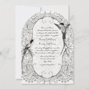 Grey Whimsical Love Bird Pattern Wedding Invites