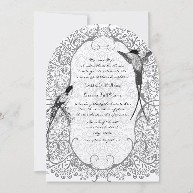 Grey Whimsical Love Bird Pattern Wedding Invites (Front)
