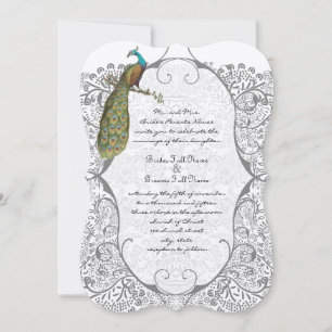Grey Whimsical Peacock Love Bird Pattern Wedding Invitation
