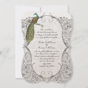 Grey Whimsical  Peacock Love Bird Pattern Wedding Invitation