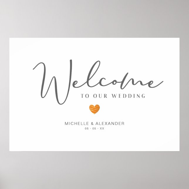 Grey Whimsical Welcome Wedding Orange Heart Poster (Front)