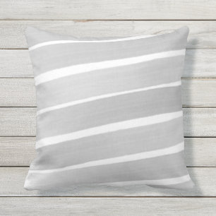 Grey White Abstract Painted Stripe Outdoor Pillow