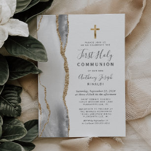 Grey White Agate Gold Glitter First Holy Communion Invitation