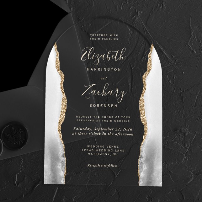 Grey White Agate Gold Text Arch Wedding Acrylic Invitations (Creator Uploaded)