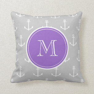 Grey White Anchors Pattern, Purple Monogram Cushion