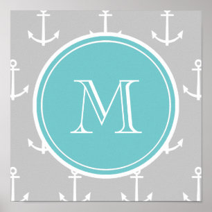 Grey White Anchors Pattern, Teal Monogram Poster