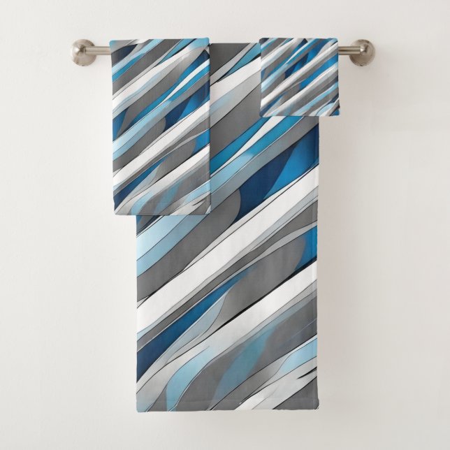 Grey, white and blue line pattern bath towel set (Insitu)
