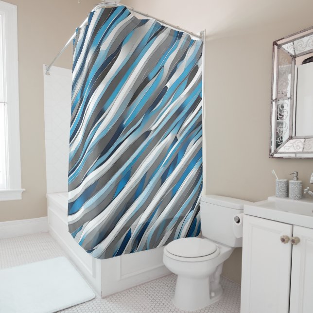 Grey, white and blue lines pattern shower curtain (In Situ)